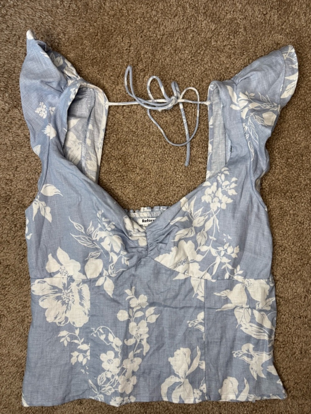 Reformation Light Blue and White Floral Tie-Back Camisole
